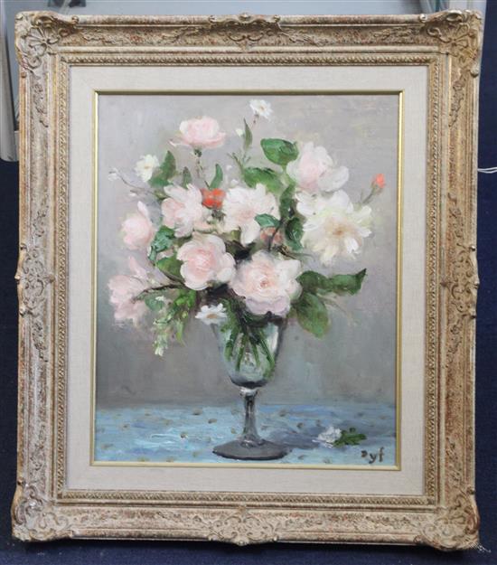 § Marcel Dyf (1899-1985) Roses, pot de verre 17.5 x 14.5in.
